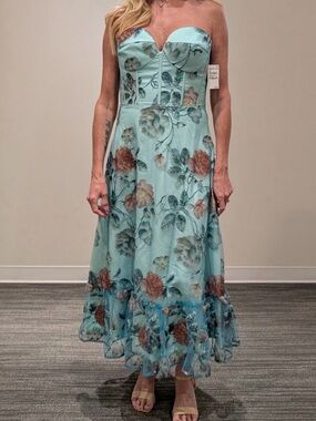 Dress The Population Strapless Floral Carina Turquoise Midi Dress